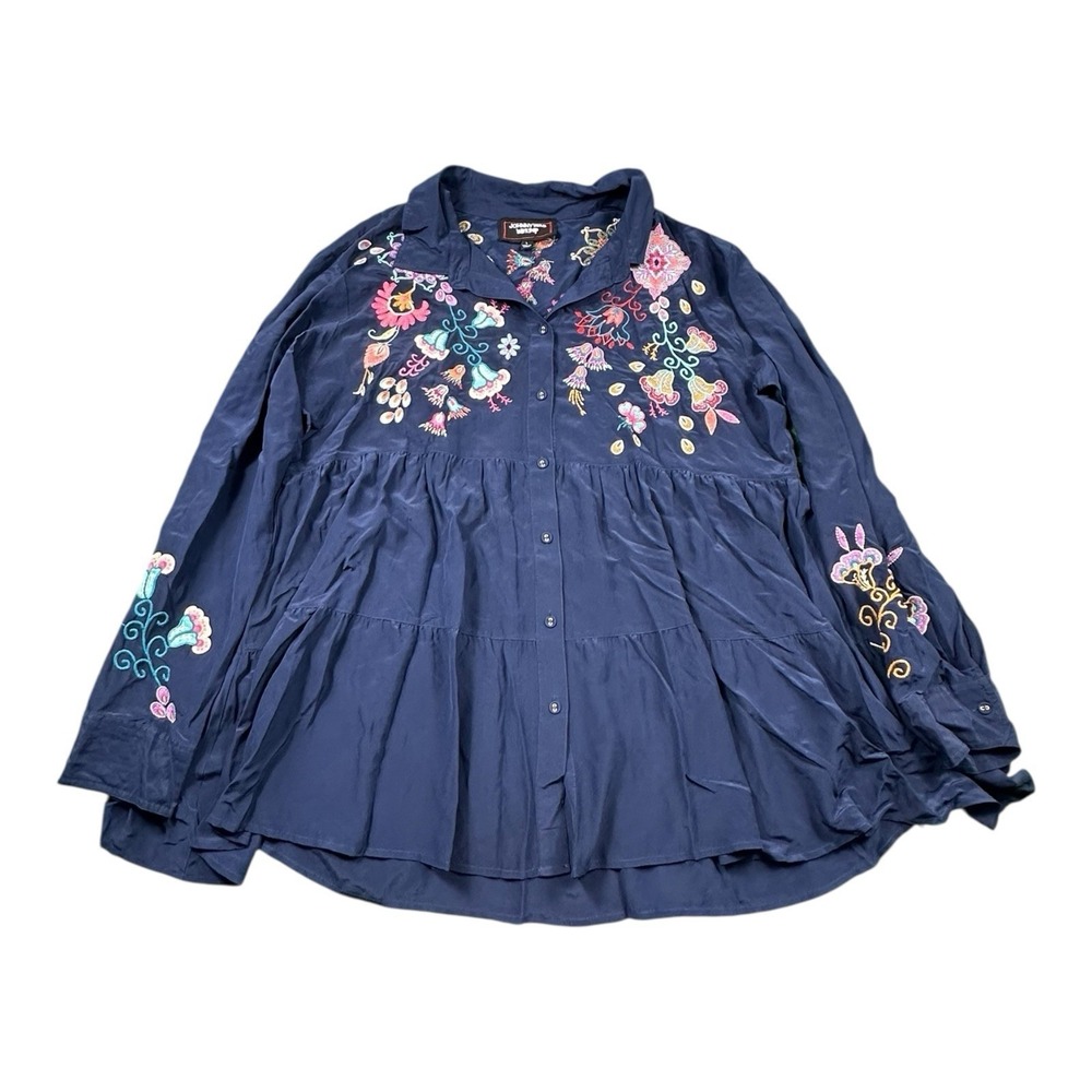 Johnny Was Workshop Blue Pure Silk Floral Embroidered Button Blouse Size Large